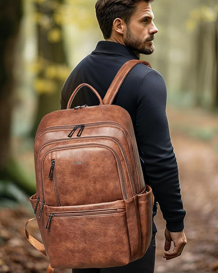 Shrrie 17 inch Leather Laptop Backpack for Women, Large Travel Backpack with 6 Compartments, Vegan Leather Computer backpack purse for WORK Casual Daypack College