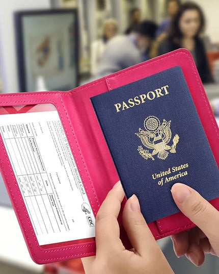 Passport and Vaccine Card Holder Combo, with Slot, Wallet, Cover, Case, for Women Men(AD-Rose Red)