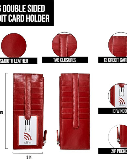 ili New York Long Double Sided Slim Wallet, RFID Blocking Card Holder with ID Window and Side Zip Pocket for Men and Women, Red