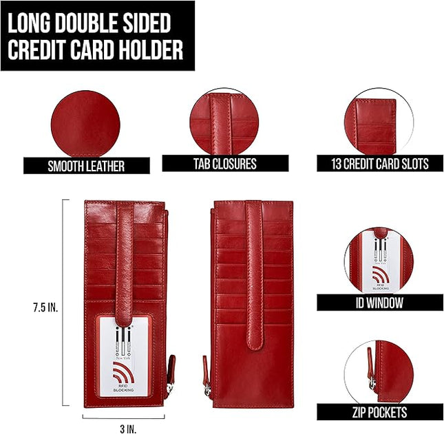 ili New York Long Double Sided Slim Wallet, RFID Blocking Card Holder with ID Window and Side Zip Pocket for Men and Women, Red