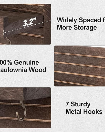 Lwenki Decorative Key Holder for Wall with Shelf, Entryway Shelf with Hooks Holds Leashes, Jackets and Glasses – Sturdy Wood Keyholder Entrance Hanger with Mounting Hardware (Brown, Large)