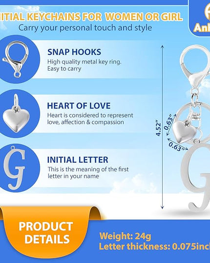 A-Z Heart Initial Letter Keychain, Stainless Steel Alphabet Charm for Handbags, Gift for Women and Girls