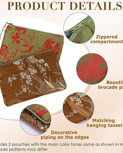 kilofly 2 pc Chinese Silk Brocade Padded Tassel Zipper Jewelry Bag Gift Pouch set2 D