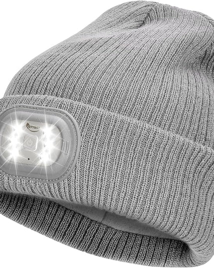 IVYWNT Unisex LED Beanie with Light, USB Rechargeable Headlamp Winter Knitted Hat, Valentine's Day Gift for Men Women， Grey