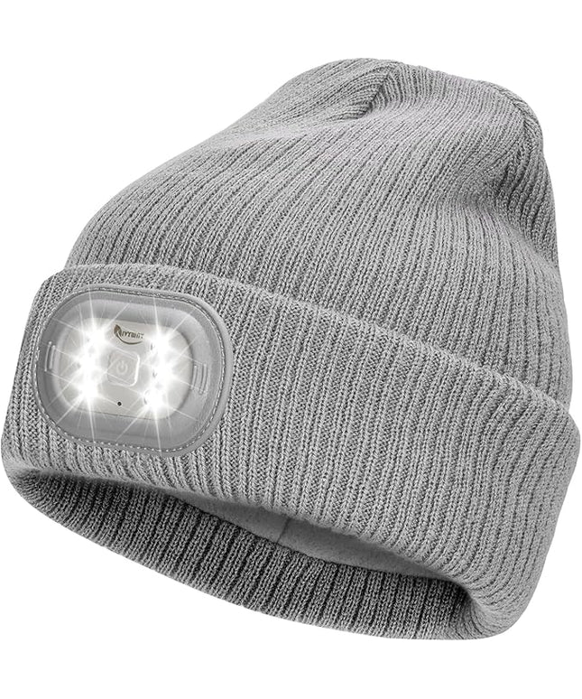 IVYWNT Unisex LED Beanie with Light, USB Rechargeable Headlamp Winter Knitted Hat, Valentine's Day Gift for Men Women， Grey