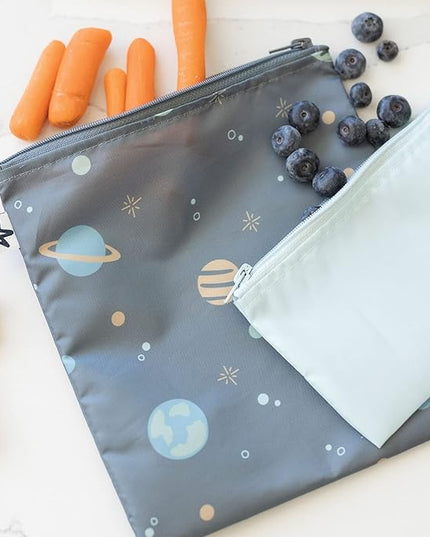 Tiny Twinkle Reusable Snack Bags for Kids – 3 Pack Snack Pouches & Sandwich Bag for Toddlers – Machine Washable, Mess-Proof for Lunch & Travel (Space)