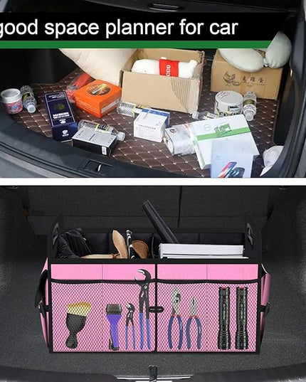 Femuar Car Trunk Organizer,Car Storage Organizer with 72L Large Capacity Waterproof Collapsible and 11 Pockets,Trunk Organizer for Car Suv/Jeep/Sedan, Large Size, Pink