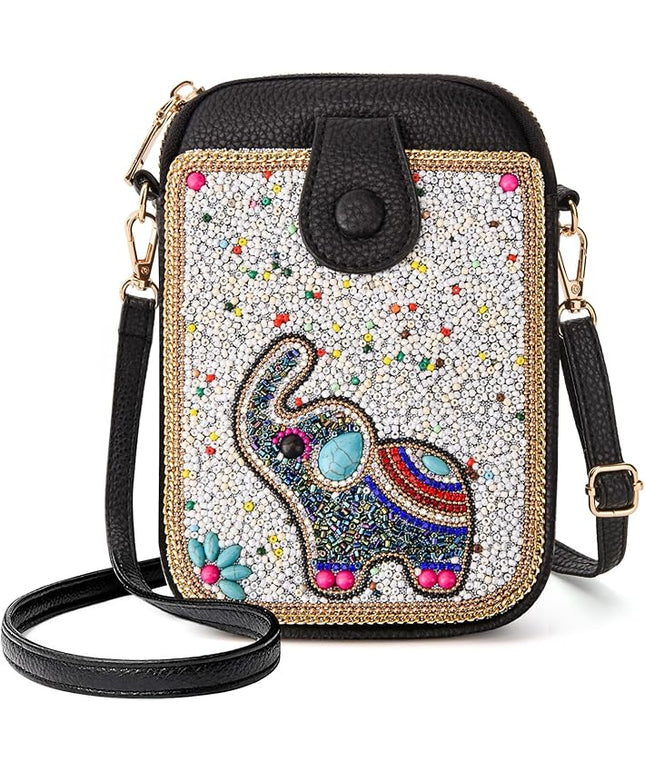 Women's Small Crossbody Cell Phone Bag, Boho Colorful Beaded Purse Wallet with Handmade Cute Patterns