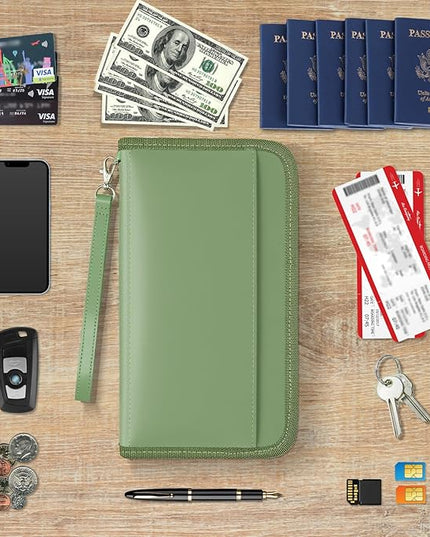 GOAUS Passport Holder with AirTag Slot, PU Leather Travel Document Organizer, Multiple RFID Blocking Wallet for Family of 4 to 6 Green