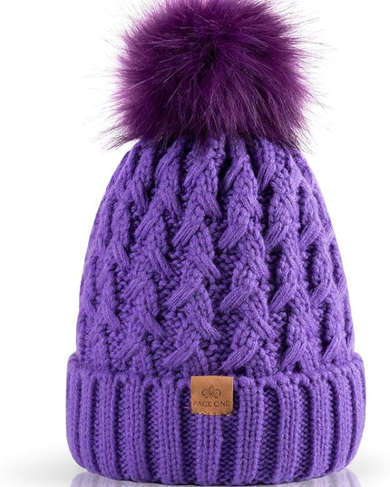 PAGE ONE Womens Winter Ribbed Beanie Crossed Cap Chunky Cable Knit Pompom Soft Warm Hat