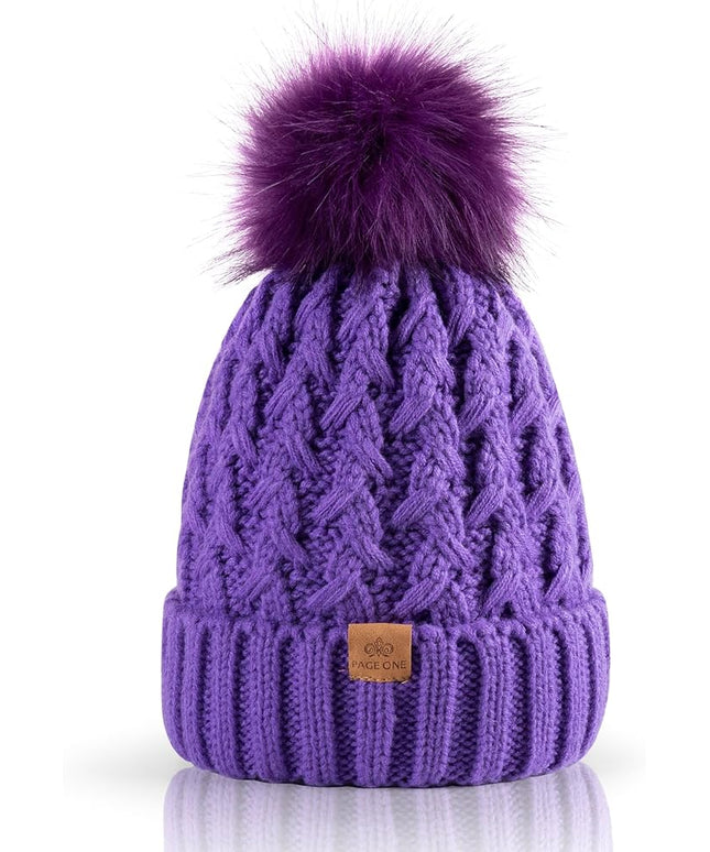 PAGE ONE Womens Winter Ribbed Beanie Crossed Cap Chunky Cable Knit Pompom Soft Warm Hat