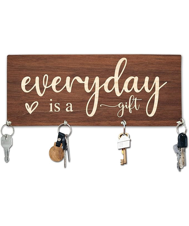 Yhtmbf Everyday is A Gift Wooden Key Holder for Wall - 5"x10" Key Organizer Hanger with 4 Hooks for Home Front Door Hallway Entryway Kitchen - Home Office Decor & Housewarming Gifts Supplies - A04
