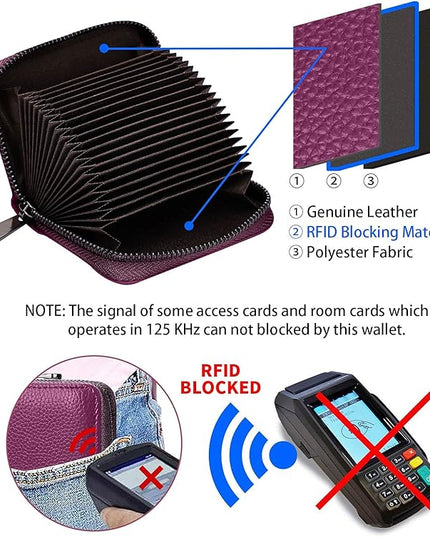 Linno RFID 20 Slots Credit Card Holder Genuine Leather Small Wallet for Women or Men with Zipper