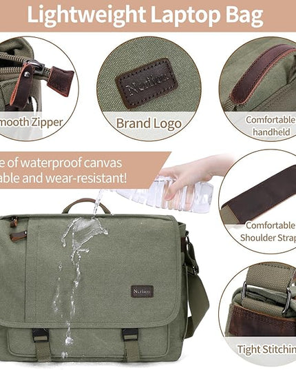 Nerlion Messenger Bag for Men 17-17.3 Inch Laptop Bag Canvas Water-resistant Computer Bag Shoulder Bag Work Briefcase Bookbag for College (Green)