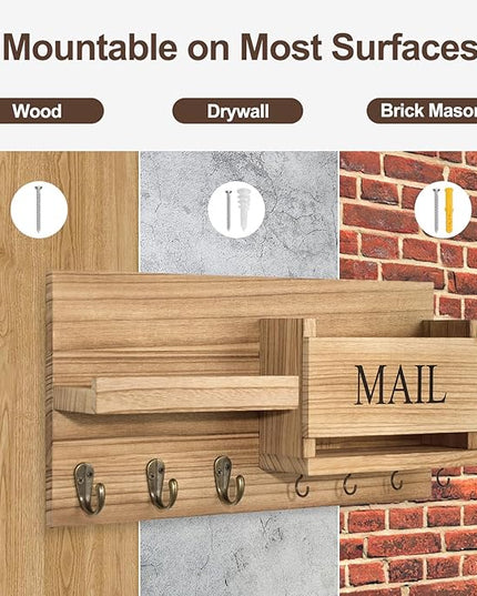 Lwenki Mail Organizer for Wall Mount – Key Holder with Shelf Includes Letter Holder and Hooks for Hallway Farmhouse Decor – Rustic Wood with Flush Mounting Hardware (16.5” x 9.1” x 3.4”) (Wood)
