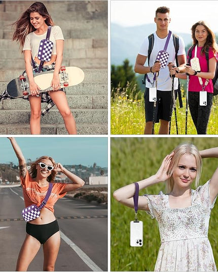 Clip and Go Strap for Phone with Wallet Crossbody, Adjustable Phone Lanyard with Detachable RFID Wristlet Wallet, Phone Strap with Phone Tabs for All Phones, Purple Checkered (L)