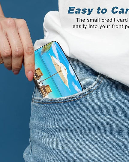 Atufsuat Credit Card Holder, Mini Aluminum Card Wallet RFID Blocking Slim Metal Hard Card Case for Women Men, Sea