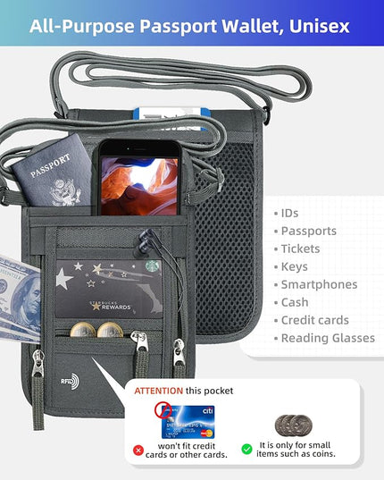 WALNEW Passport Holder Neck Pouch Travel Wallet for Women and Men, RFID Blocking Security Slim Traveling Wallet with Around Neck Lanyard Strap