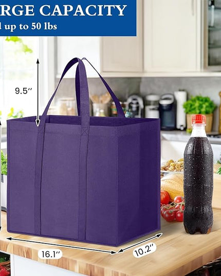 WISELIFE Reusable Grocery Shopping Bags 10 Pack Large Foldable Tote Bags Bulk, Eco Produce Bags with Long Handle for Shopping Groceries Clothes (Purple)