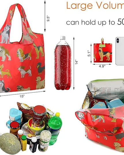 BeeGreen Cute Dog Cloth Gift Bags - Reusable Grocery Bag with Handles Foldable Washable 6 Pack - Extra Large Heavy Duty Tote Bag for Groceries (Bulk Holiday Packable Travel) - Shopping Bags for Women
