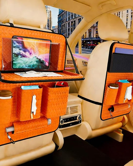 Car Back Seat Organizer, Black Woven Leather Storage Bag, Multifunctional Rear Seat Protector with Tablet Holder, 25.2x17.7 Inches, Abrasion Resistant (Orange)