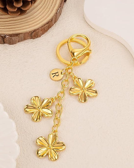 XGALBLA Gold/Silver Initial Keychain Flower Charms for Key Cute Letter Keyring for Purse Handbag Backpack