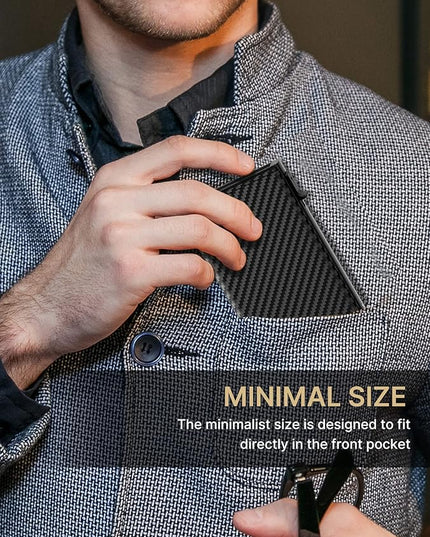 typecase Mens Wallet Card Holder: Pop Up Aluminum Case, Genuine Leather, Smart, RFID Blocking, Slim, Minimalist, Front Pocket - 9-14 Card Capacity | ID Window | Cash Slot (Carbon Fiber)