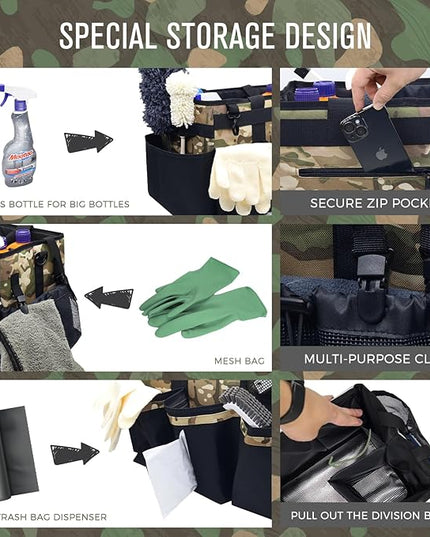 Wearable Cleaning Caddy Organizer with Handle & Shoulder Straps for Housekeepers, Under Sink & Car Cleaning Tool Organizer Bag with 4 Foldable Dividers (Camouflage)
