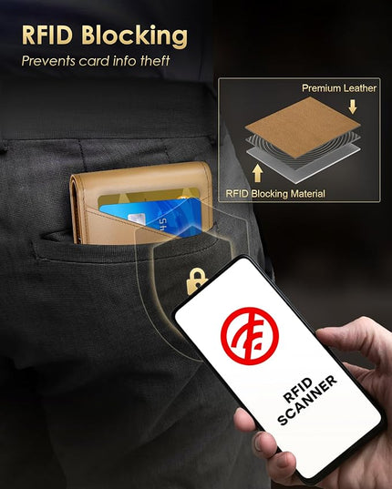 QLD Wallet for Men - RFID Blocking [Functional & Practical] Bifold Slim Minimalist Credit Card Holder Pop Up Metal Case with Cash Slot Front Pocket with ID Window, Gift Boxed (Brown)