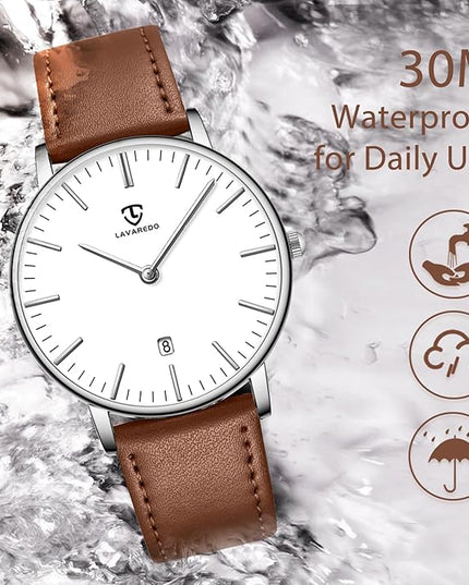L LAVAREDO Watch for Men, Extremely Thin Mens Watches Minimalist Analog Men's Leather Wrist Watches with Time/Date, Birthday Gift for Men Boyfriend