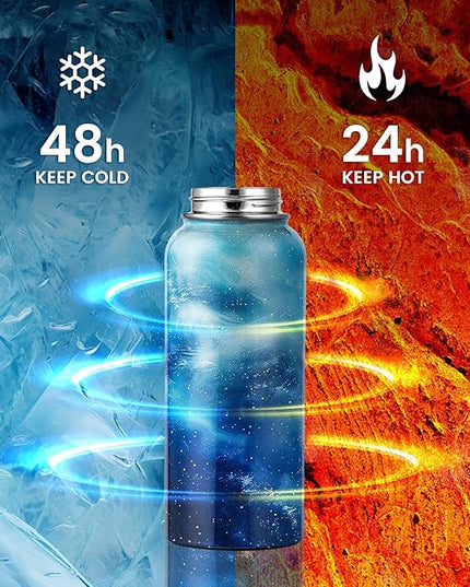 32oz Insulated Water Bottle, Triple Wall Vacuum Stainless Steel Water Bottles - Keeps Cold 48H, Reusable 1/4 Gallon water flask Jug for Gym, Sports, Camping, Hiking,Travel, Aurora-Blue