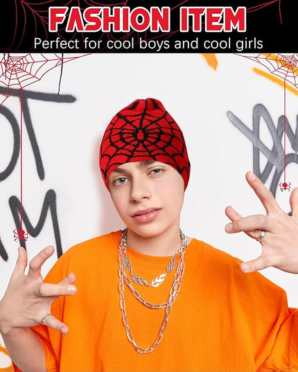 Toulite 12 Pieces Y2K Spider Web Beanie Gothic Graphic Beanies Outdoor Winter Warm Knitted Hat for Men Women