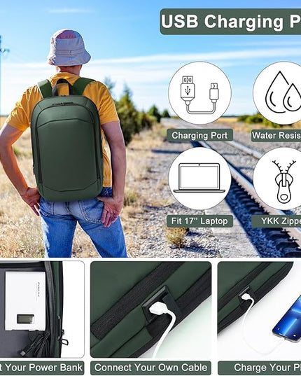 Business Backpack 17 Inch Slim Expandable Waterproof Travel Laptop Backpacks with USB Charger Port Anti-Theft Lightweight Large Work Computer Bag College Laptop Backpacks Gifts for Men Women, Green