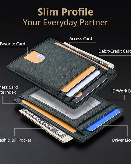 Buffway Slim Minimalist Front Pocket RFID Blocking Leather Wallets for Men and Women - Cross Blackish Green