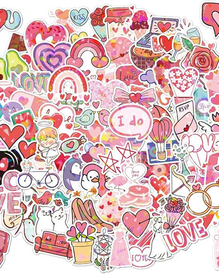 100Pcs Theme Love Holographic Romantic Stickers,Funny Heart Glitter Sticker Pack Waterproof Vinyl Decals,Cool Sparkly Water Bottles,I Love You Stickers for Adults, Teens, Kids