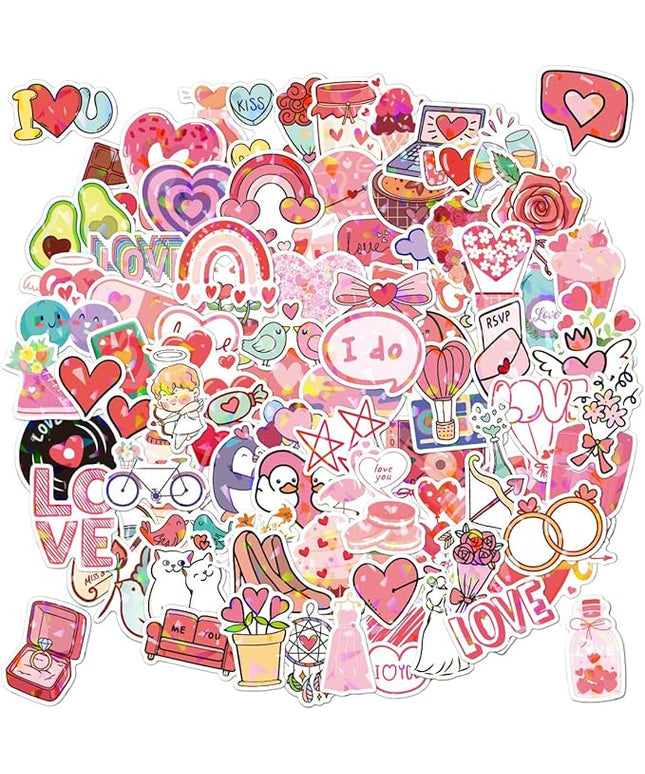 100Pcs Theme Love Holographic Romantic Stickers,Funny Heart Glitter Sticker Pack Waterproof Vinyl Decals,Cool Sparkly Water Bottles,I Love You Stickers for Adults, Teens, Kids