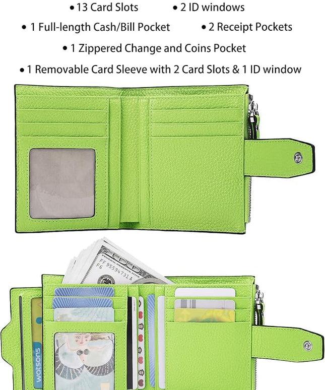 AINIMOER Women's RFID Blocking Leather Small Compact Bi-fold Zipper Pocket Wallet Card Case Purse with id Window