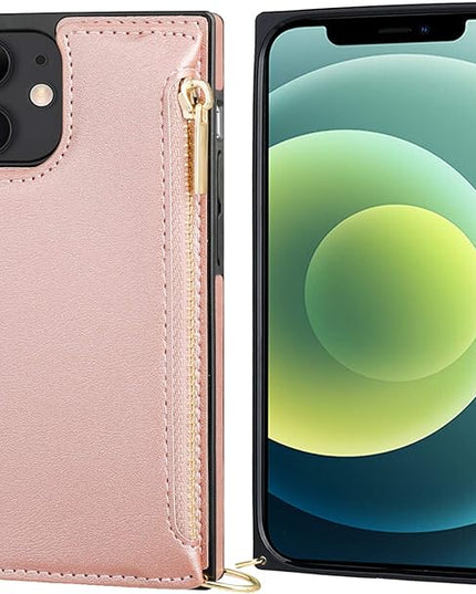 Bocasal Crossbody Wallet Case for iPhone 12 Mini with Card Holder,Zipper Card Slot Protector Shockproof Purse Cover with Removable Cross Body Strap 5.4 Inch(Rose Gold)