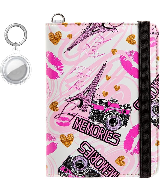 AIRMORS AirTag Passport Holder,Cute Travel Wallet RFID Blocking Anti-Lost Travel Essentials Family Passport Protector Case Credit Card Slots for Women(Eiffel Tower(with Airtag Holder))