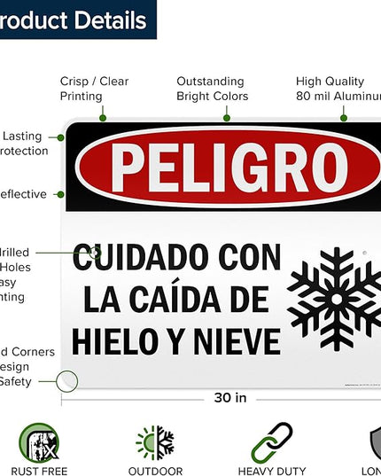 Danger Watch for Falling Ice and Snow Bilingual Sign, 24x30 Inches, 3M EGP Reflective .080 Aluminum, Fade Resistant, Made in USA by My Sign Center