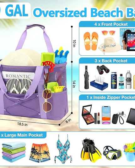 Mesh Beach Bag, Large Beach Tote with Zipper Pocket, Toys Pool Bag for Family Travel Vacation Cruise Essentials