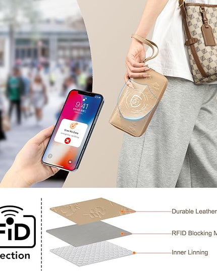 yiijay Womens Wallet RFID Blocking Large Capacity Leather Double Zip Wristlet Wallet Credit Card Phone Holder Ladies Clutch Purse Flora
