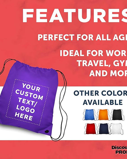 DISCOUNT PROMOS Custom Classic Polyester Drawstring Bagpack Set of 10/50/100, Personalized Bulk Pack - Great for Travelling, Gym and for Everyday Use - Purple