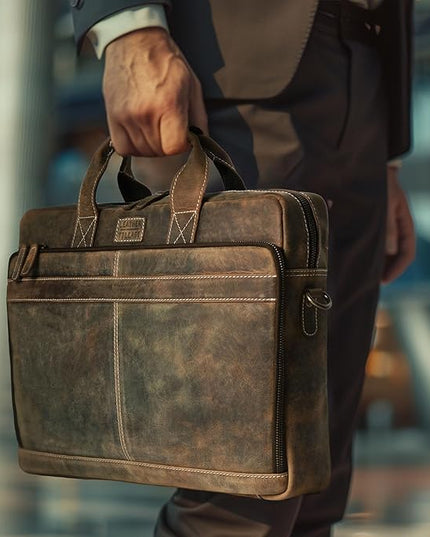 LEATHER VILLAGE 16" Leather Laptop Messenger Briefcase Bag for Men-Leather Satchel for Travel and Office Shoulder Bag- Rustic Brown