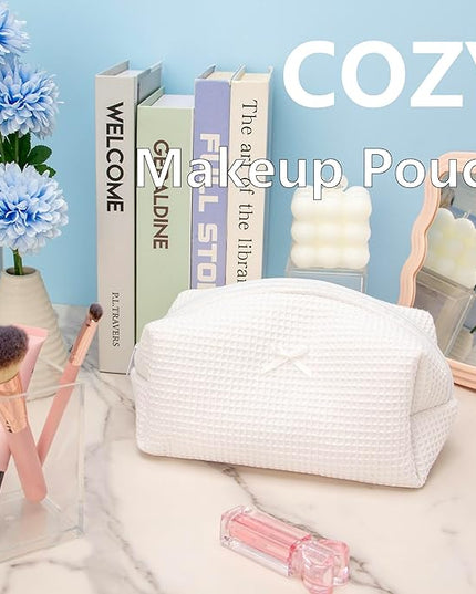 PAZIMIIK 6PCS Cozy Makeup Bag SET Travel Cosmetic Bag for Women Soft Toiletry Bag Aesthetic Makeup Organizer Portable Large Zipper Pouch for Skincare Beauty Accessories Brushes Waffle Check White