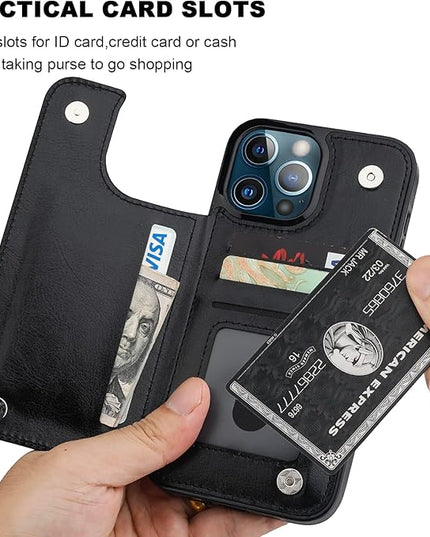 ONETOP Compatible with iPhone 13 Pro Max Wallet Case with Card Holder,PU Leather Kickstand Card Slots Case, Double Magnetic Clasp and Durable Shockproof Cover 6.7 Inch(Black)