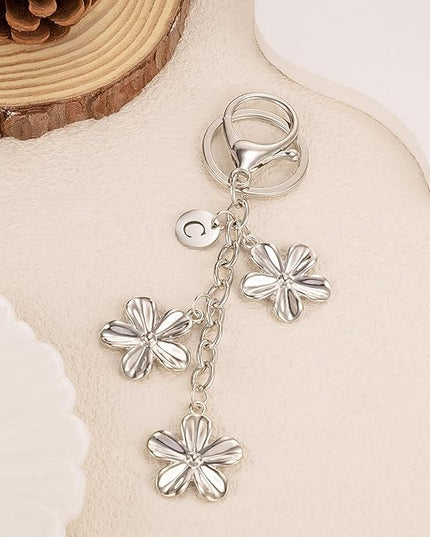 XGALBLA Gold/Silver Initial Keychain Flower Charms for Key Cute Letter Keyring for Purse Handbag Backpack