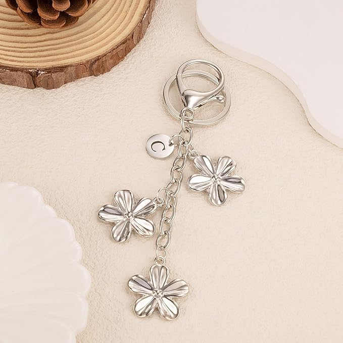 XGALBLA Gold/Silver Initial Keychain Flower Charms for Key Cute Letter Keyring for Purse Handbag Backpack