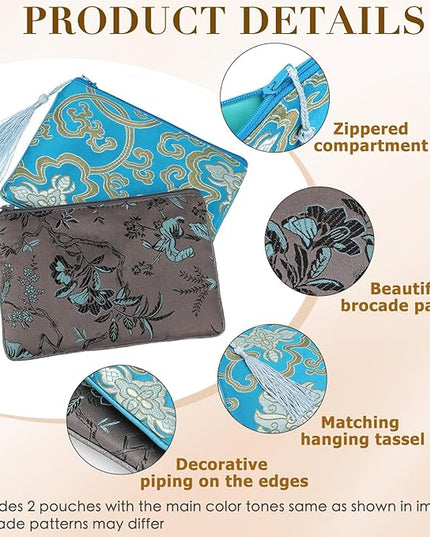 kilofly 2 pc Chinese Silk Brocade Padded Tassel Zipper Jewelry Bag Gift Pouch set2 B