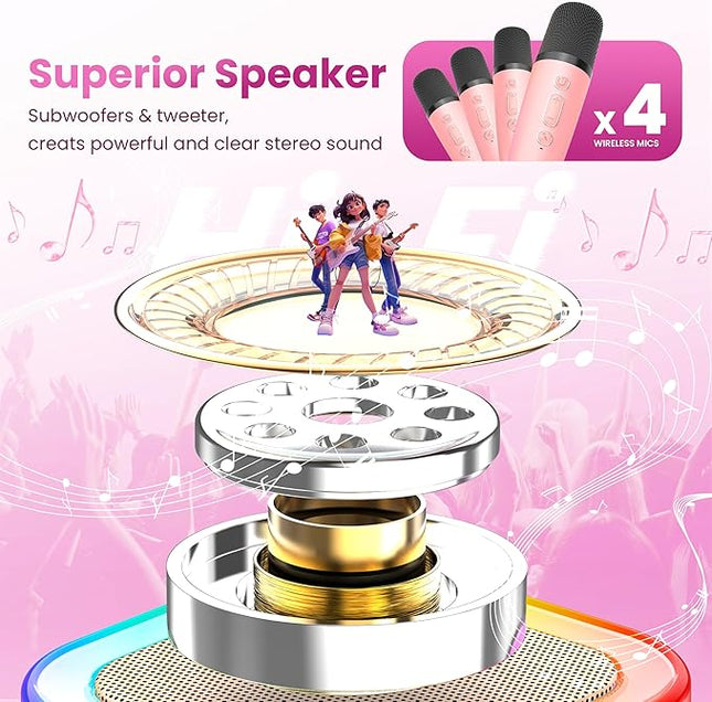 Mini Karaoke Machine for Kids Adults, Portable Bluetooth Speaker with 4 Wireless Karaoke Mics,2026 TOP Birthday Gifts Toys for Girls 3,4, 5, 6, 7, 8+Years Old Karaoke Player Valentine(Pink 4 Mics)